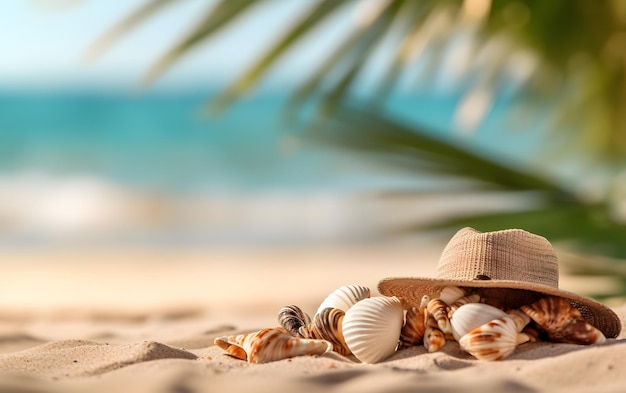Priorità bassa della spiaggia di estate con cappello di conchiglie e foglia di palma sulla sabbia