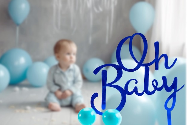 Priorità bassa di annuncio di gravidanza con testo oh bambino in bambino blu biglietto di auguri camera bambino