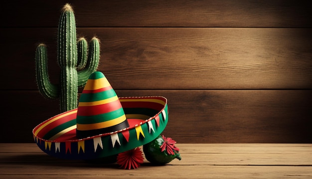 Priorità bassa di festa di Cinco de Mayo con cactus messicano e cappello del sombrero sulla tavola di legno