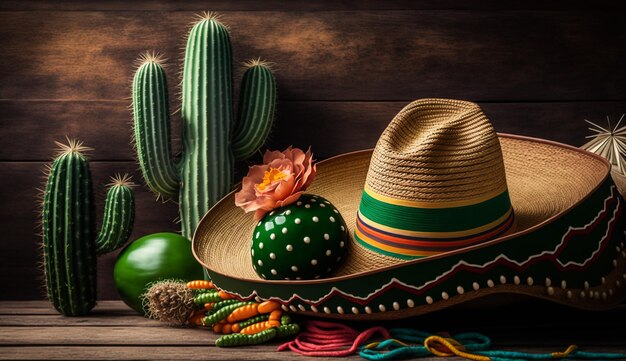 Priorità bassa di festa di Cinco de Mayo con cactus messicano e cappello del sombrero sulla tavola di legno