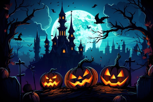 Priorità bassa di Halloween con le candele spaventose delle zucche nel cimitero alla notte con una priorità bassa del castello
