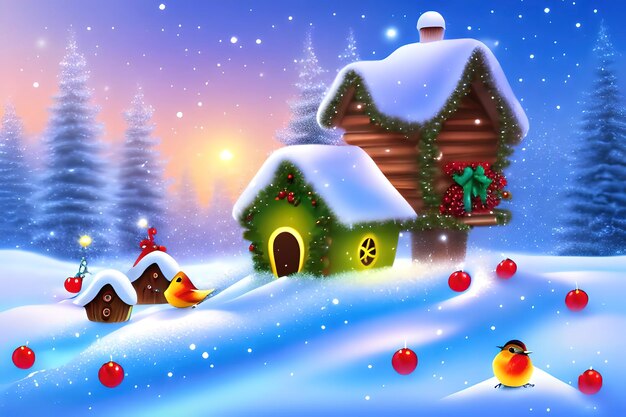 Priorità bassa di inverno di Natale con birdhouse e uccelli che beccano bacche sulla neve