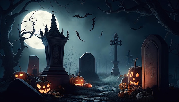 Priorità bassa di notte di Halloween con un cimitero e zucche e luna. Alta illustrazione realistica dettagliata.