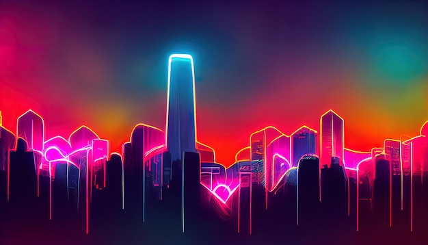 Priorità bassa di paesaggio urbano synthwave luce al neon incandescente