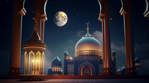 Priorità bassa di Ramadan Kareem con la rappresentazione 3d della moschea e della luna