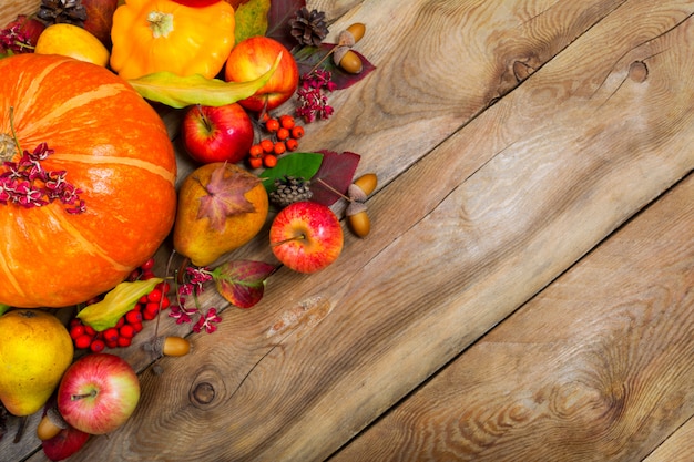 Priorità bassa di ringraziamento con zucca, mele e foglie di autunno ,.