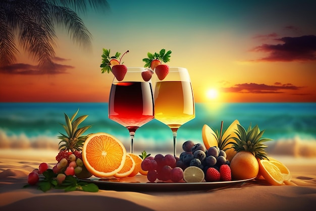 Priorità bassa di vacanza estiva con due bicchieri da cocktail sulla spiaggia tropicale tramonto sfondo generativo ai