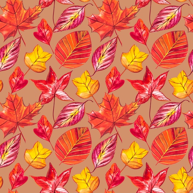 Priorità bassa rossa ed arancione dei fogli di autunno. Illustrazione senza cuciture dell'acquerello