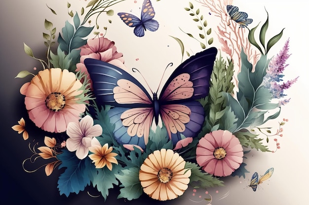 Priorità bassa variopinta dei fiori della farfalla dell'acquerello AI generativa