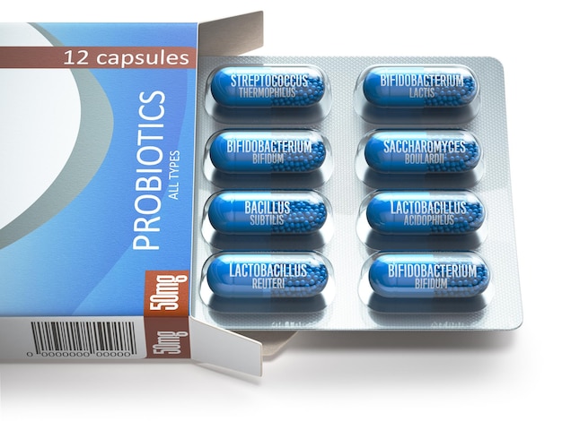 Probiotici Blister con tutti i tipi di capsule di probiotici Pillole con bifidobatterio lactobacillus sacchaomyces e altri bacilli