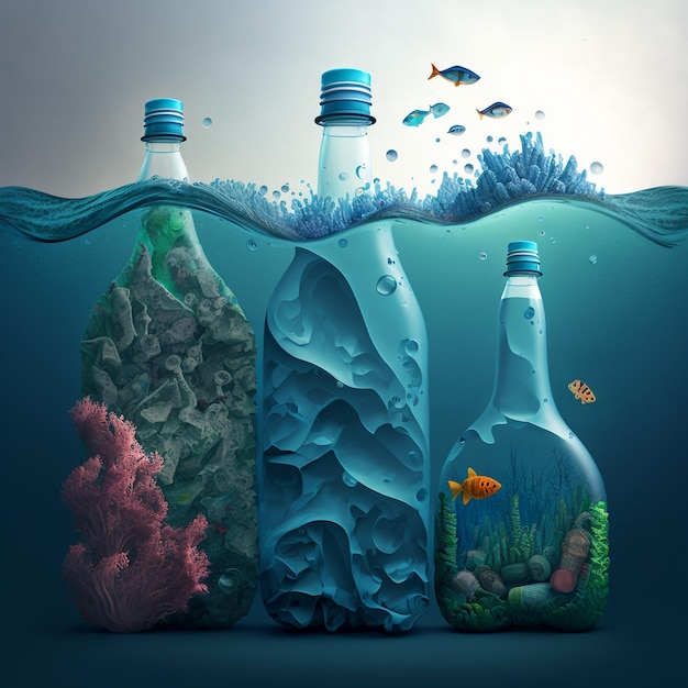 Problema di illustrazione della tecnologia generativa di intelligenza artificiale con bottiglie di plastica e microplastiche che galleggiano nell'oceano aperto