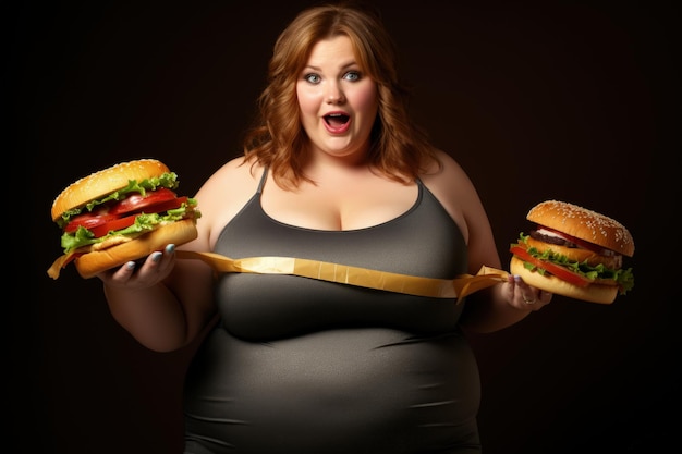 Problema sovrappeso dieta povera cibo carico di calorie fast food cheeseburger hamburger donna grassa persona obesa alto contenuto calorico cibo veloce motivazione a mangiare cibi grassi giusti dieta nuova vita