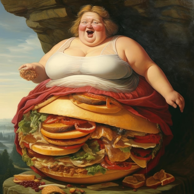 Problema sovrappeso dieta povera cibo carico di calorie fast food cheeseburger hamburger donna grassa persona obesa alto contenuto calorico cibo veloce motivazione a mangiare cibi grassi giusti dieta nuova vita