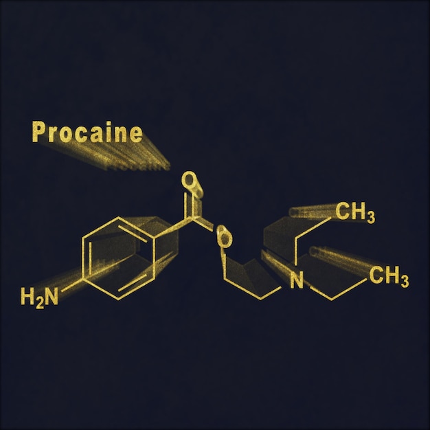 Procaina, farmaco anestetico, formula chimica strutturale oro su sfondo scuro