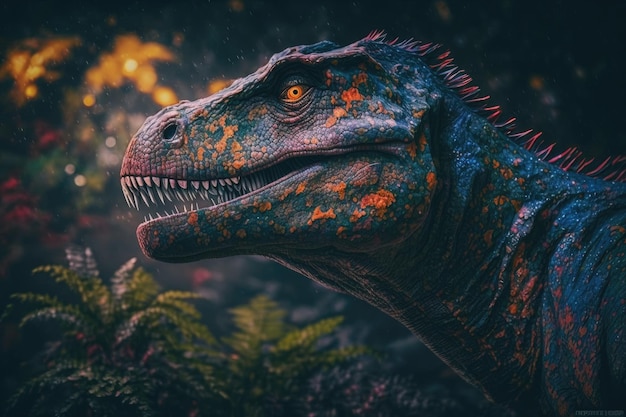 Proceratosaurus Dinosauro pericoloso colorato nella lussureggiante natura preistorica di Generative AI