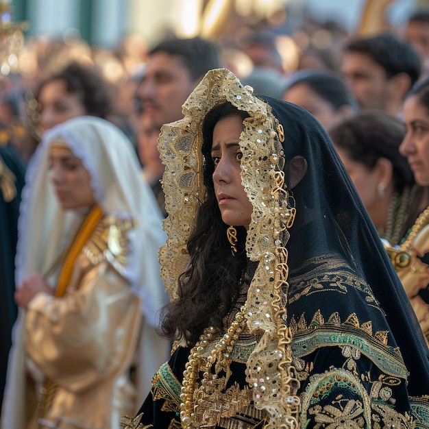 Processione religiosa a Huelva Donna in abito nero e oro