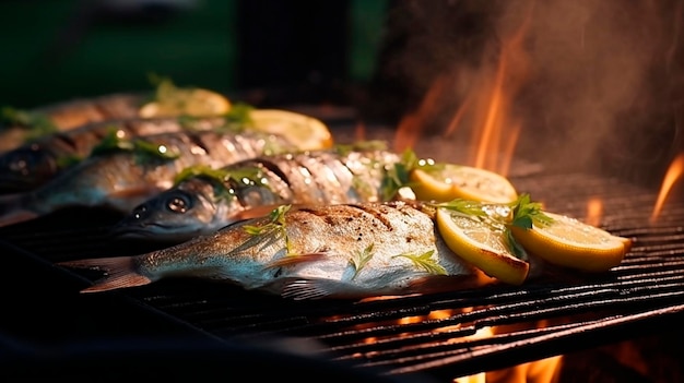 Processo di cottura del pesce dorado alla griglia con barbecue di pesce alla griglie al limone AI generativa