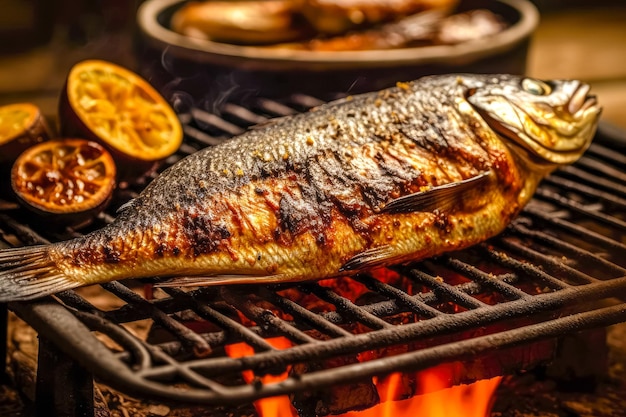 Processo di cottura del pesce Dorado alla griglia con pesce alla griglia al limone BBQ Buon cibo IA generativa