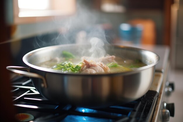 Processo di cottura del ramen in pentola su stufa con acqua bollente