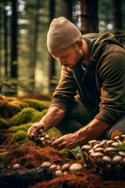 processo meditativo di raccolta dei funghi in un ambiente forestale sereno