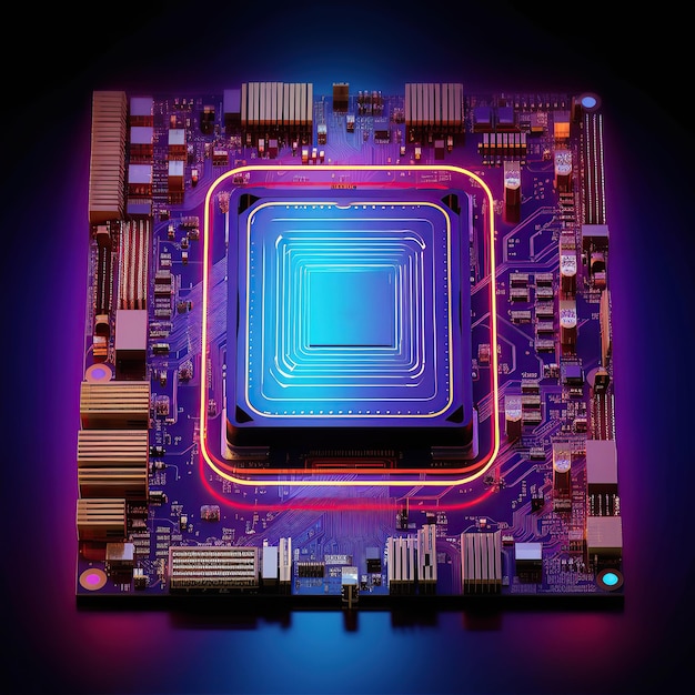 Processore centrale per computer con luci al neon circuito integrato a microchip per server IA generativa