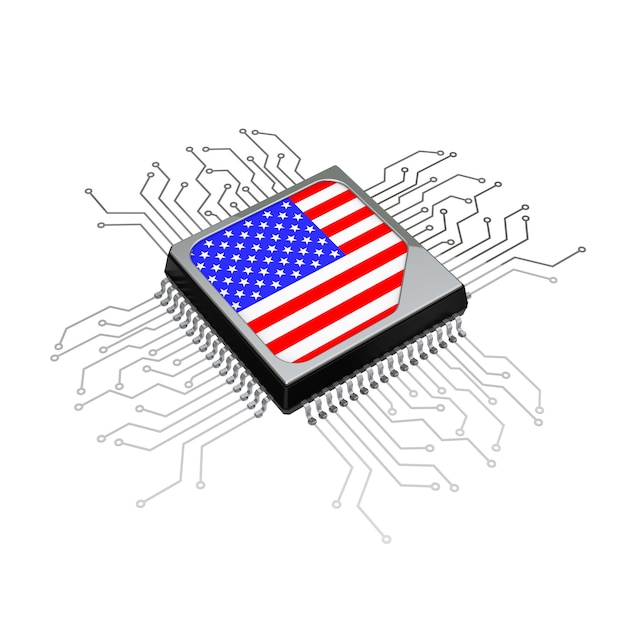 Processore CPU a microchip con circuito e bandiera USA su sfondo bianco. Rendering 3D