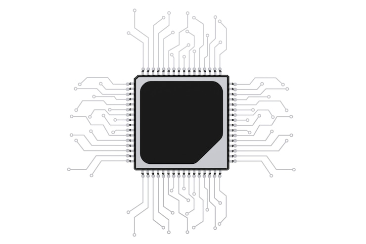 Foto processore cpu microchip con circuito su sfondo bianco. rendering 3d