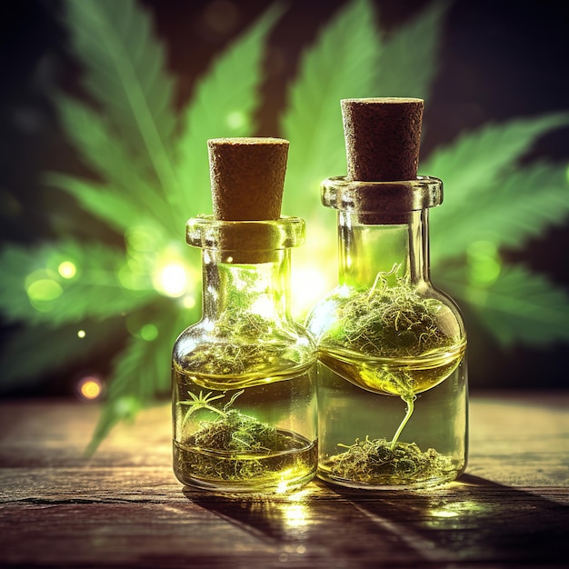 Prodotti a base di cannabis terapeutica e olio CBD di foglie di canapa