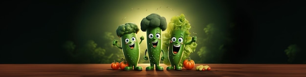 Prodotti con un volto umano carino e divertente Personaggio di animazione frutta e verdura banner copia spazio sfondo Alimenti dietetici freschi in stile Pixar