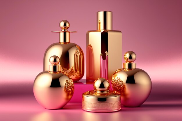 Prodotti di bellezza contenitori cosmetici rosa e oro su sfondo rosa bella donna profumi cosmetici AI immagine generata