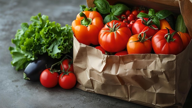 Prodotti freschi di giardino in un sacchetto di carta su un tavolo rustico verdure organiche sane concetto di freschezza concentrarsi sui pomodori AI