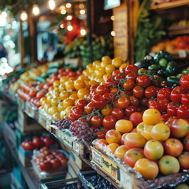 Prodotti freschi in attesa di acquirenti in un mercato agricolo locale una sfocatura di colori da frutta e