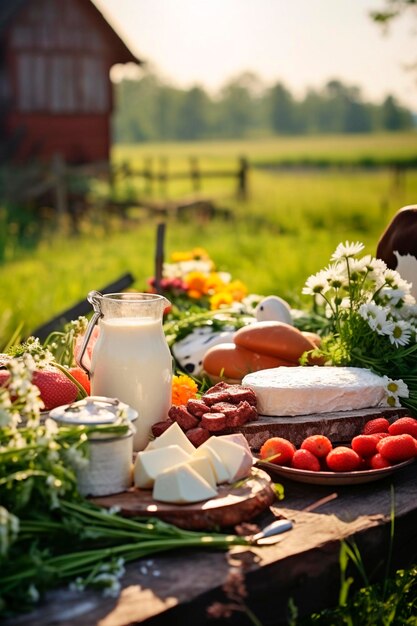 Prodotti lattiero-caseari bacche e frutta in giardino Alimentazione generativa AI