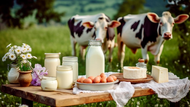 Prodotti lattiero-caseari di mucca sullo sfondo di un'azienda agricola