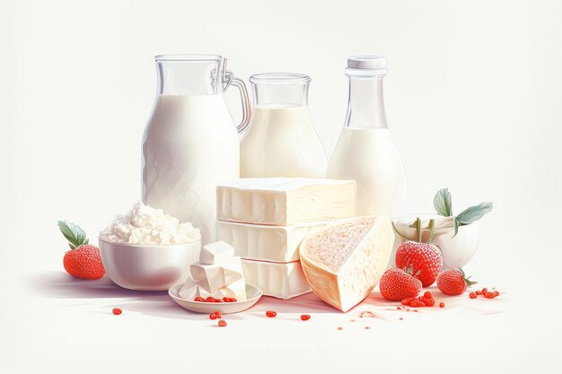 Prodotti lattiero-caseari latte sullo sfondo bianco Bella immagine illustrazione Generative AI