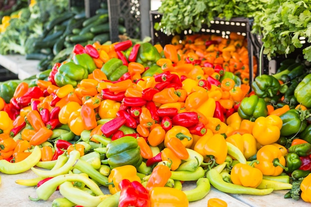 Prodotti locali al mercato estivo degli agricoltori della città.