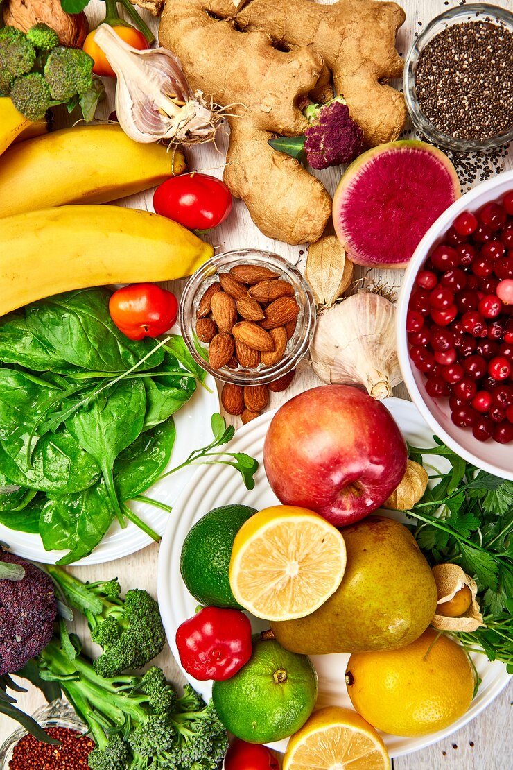 Prodotti naturali, frutta e verdura, vista dall'alto
