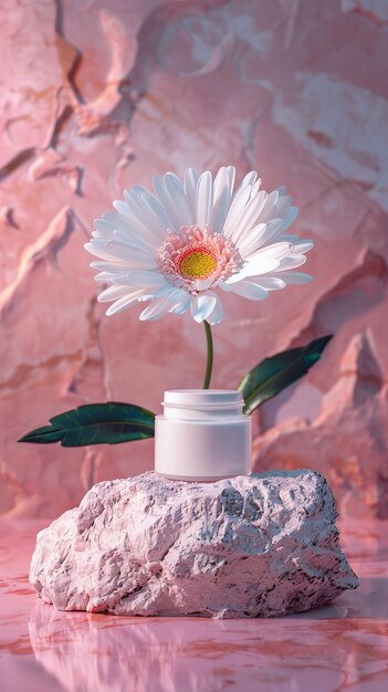 prodotti per la cura della pelle femminile sulla pietra su una superficie d'acqua con fiore bianco
