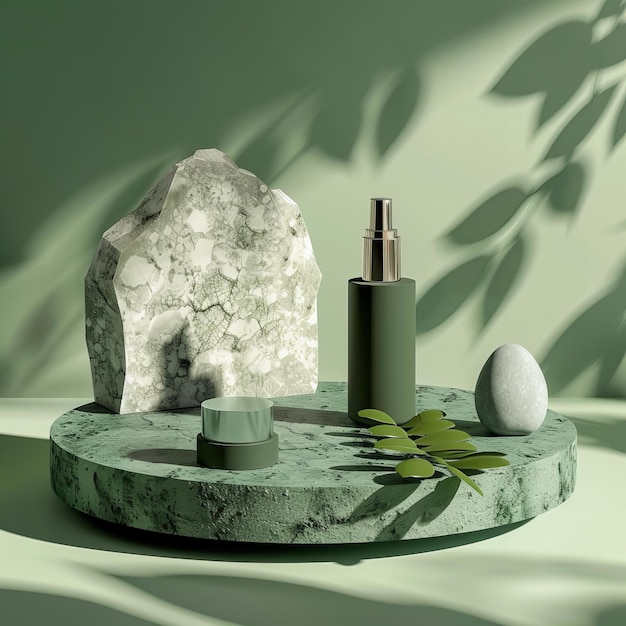 Prodotti per la cura della pelle verdi su un podio di marmo con effetto ombra botanica Benessere e bellezza