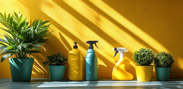 prodotti per la pulizia della casa vicino a un muro giallo