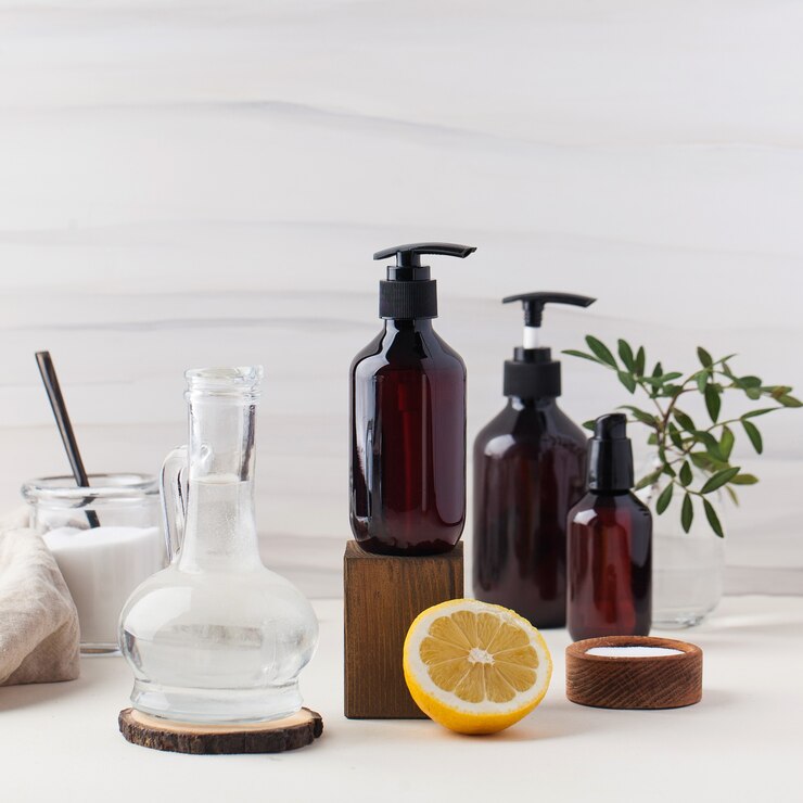 Prodotti per la pulizia naturali ecologici come l'aceto di limone soda