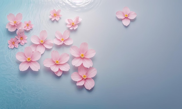 Prodotto cosmetico di bellezza sullo sfondo blu con fiori rosa Testura di gel trasparente organico con molte bolle d'aria macchiate su sfondo pastello blu rosa e viola Concetto di idratazione della pelle