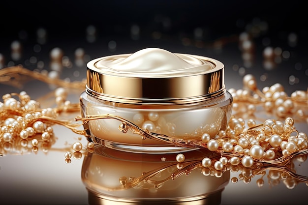 Prodotto di bellezza Contenitore cosmetico Pearl Gold con sfondo pubblicitario pelle di lusso pronta all'uso