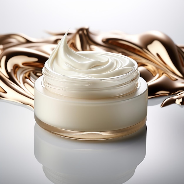 prodotto di crema di bellezza fotocosmetica con foglie su un tavolo dietro sfocatura sfondo naturale