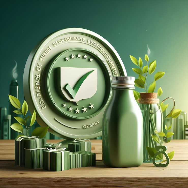 Foto prodotto realistico e rispettoso dell'ambiente con distintivo di certificazione verde e spazio per il testo green indus