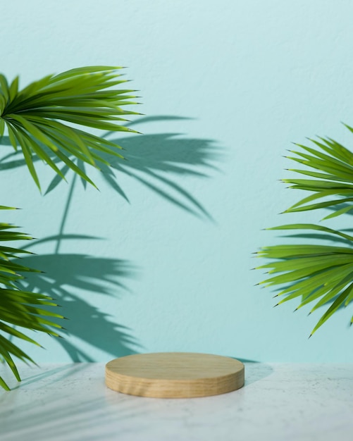 Prodotto tropicale mock up sfondo spazio con piedistallo in legno su sfondo blu