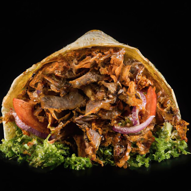 Prodotto TURKISH DONER KEBAB girato, sfondo bokeh nero foto premium