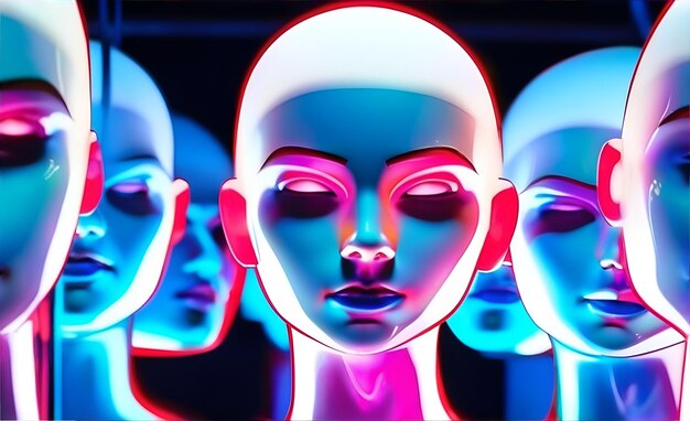 Produzione Cyborg ragazze android testa di plastica femminile primo piano illustrazione futuristica illuminazione al neon generativa ai