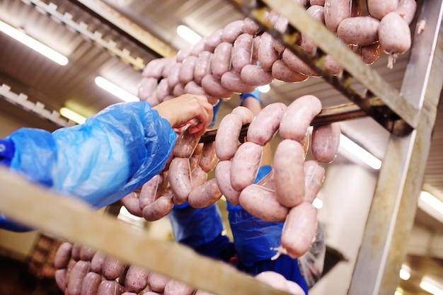 Produzione di salsicce bollite e salsiccia affumicata in una fabbrica di carne