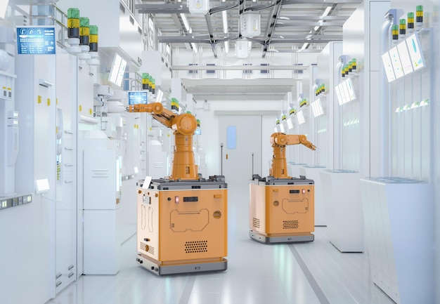 Produzione di semiconduttori di automazione con bracci robotici in fabbrica